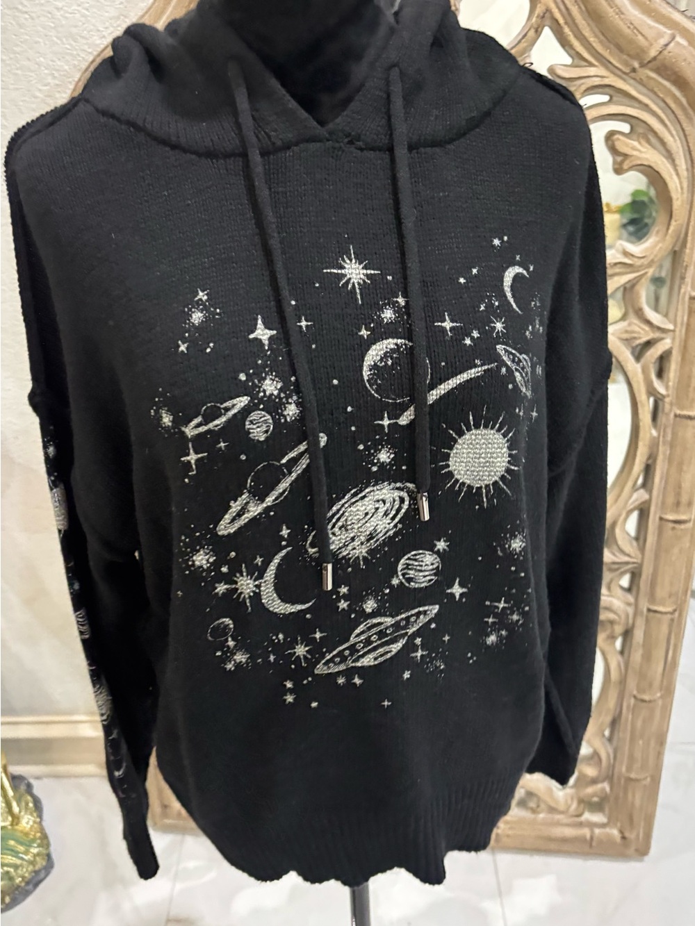 Black Space Print Hoodie Sweater - Unbranded